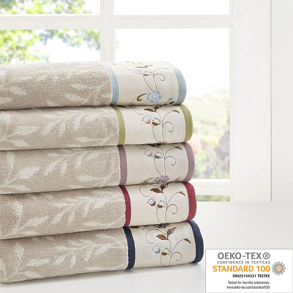 Serene Floral Embroidered 100% Cotton Jacquard Ultra Soft Absorbent Bathroom Towel Set Shower Hand Face Washcloths, See Below, Blue
