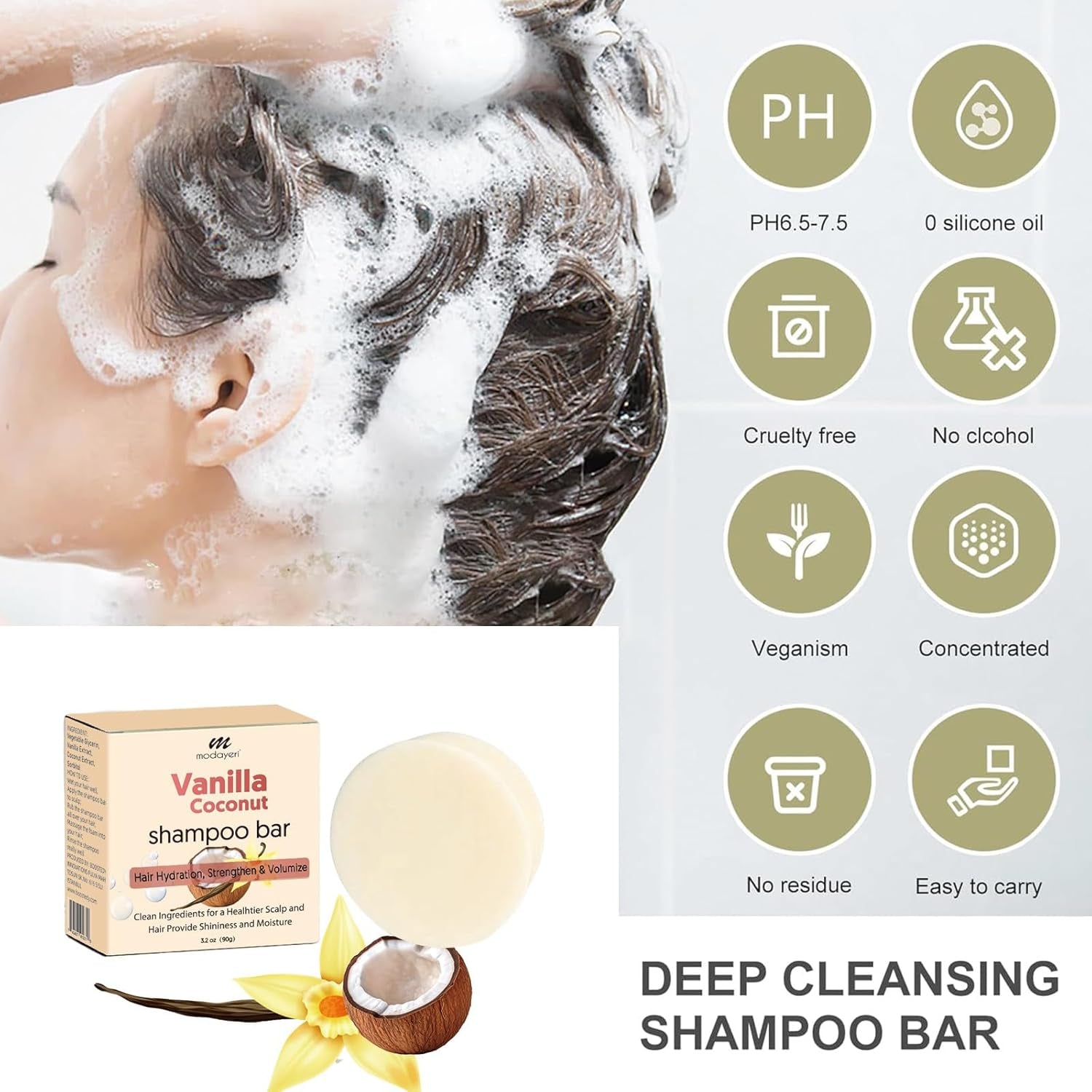 Vanilla Coconut Shampoo Bar - Natural Hair Care, Silky Smoothness and Nourishment, Strengthen Hair & Volumize - Paraben-Free - Tropical Aroma for All Hair Types, 3.2 Oz