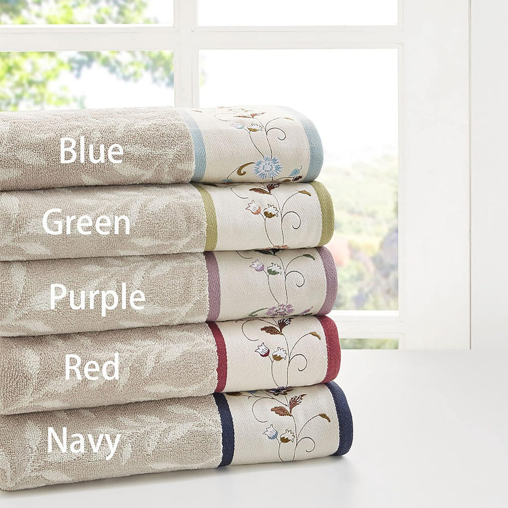 Serene Floral Embroidered 100% Cotton Jacquard Ultra Soft Absorbent Bathroom Towel Set Shower Hand Face Washcloths, See Below, Blue